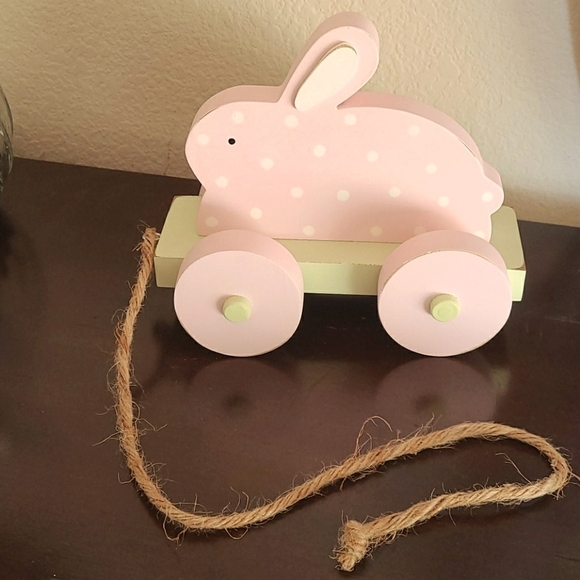 Pink dotted  wooden bunny pull toy. - Picture 1 of 5